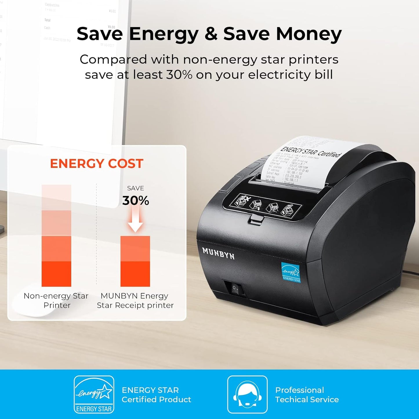 POS Printer, Receipt Printer USB Ethernet 80MM Thermal Printer P047, Impresora Térmica, Black Supermarket POS Kitchen Printer with Auto Cutter Support Cash Drawer ESC/POS Windows System