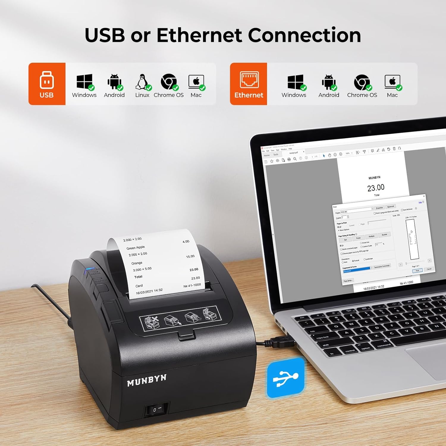 POS Printer, Receipt Printer USB Ethernet 80MM Thermal Printer P047, Impresora Térmica, Black Supermarket POS Kitchen Printer with Auto Cutter Support Cash Drawer ESC/POS Windows System