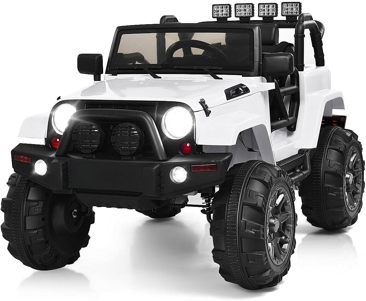 Children's Electric Ride-On Truck Car with Bluetooth Remote Control, LED Lights, Safety Belt, Music, MP3 Player, Double Open Doors - White