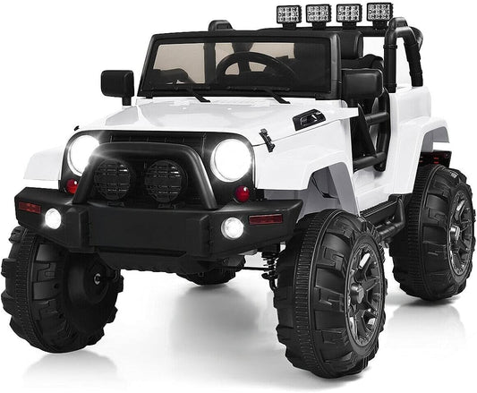 Children's Electric Ride-On Truck Car with Bluetooth Remote Control, LED Lights, Safety Belt, Music, MP3 Player, Double Open Doors - White