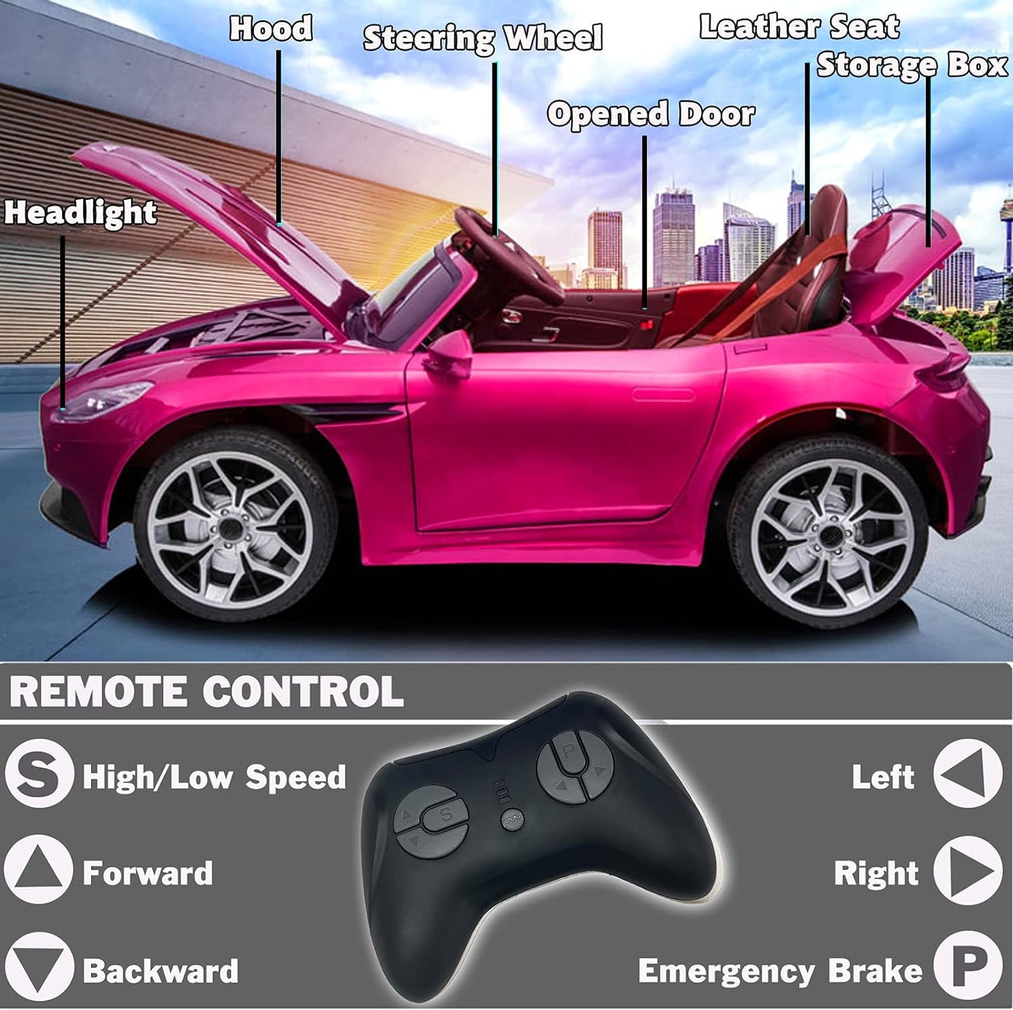 Kids 12V Ride on Car Electric Car for Kids Ride on Sport Car with Remote Control 2WD Power Driving Wheel Ride on Toy Car with Adjustable Seat, LED Glowing Wheels, Storage Box, Bluetooth, Pink