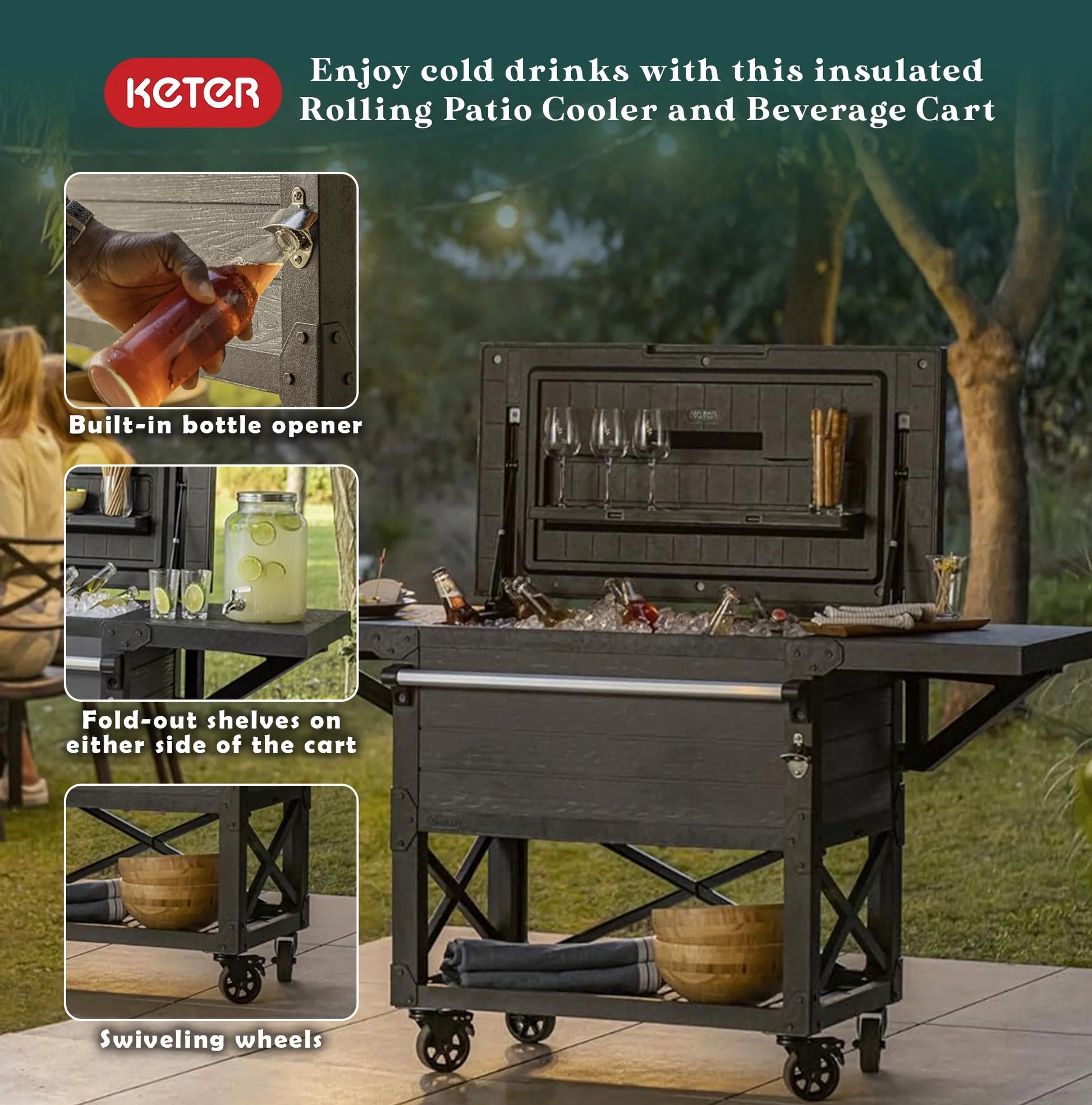 Outdoor Patio Cooler Ice Chest Insulated Beverage Bar Cart, Gray
