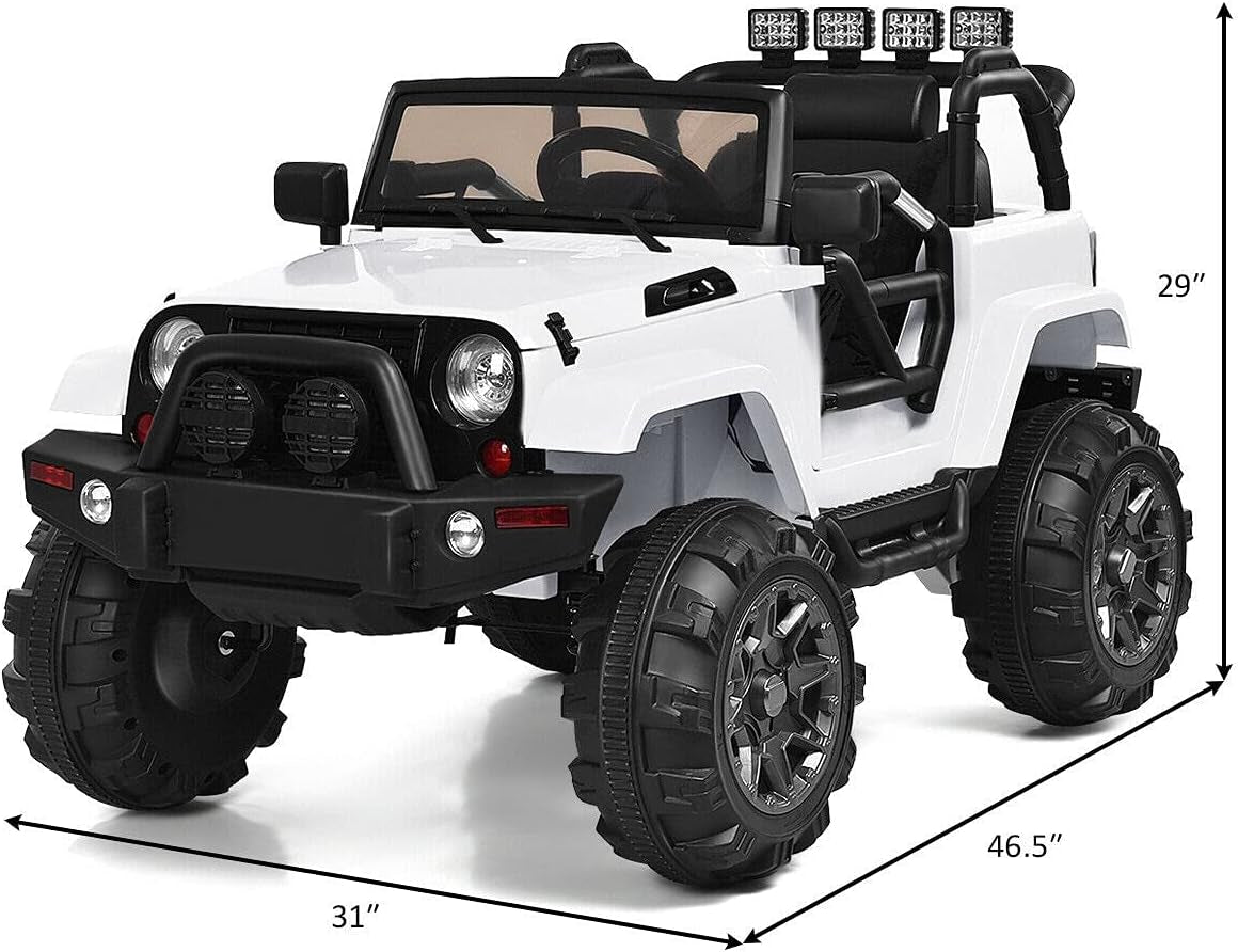 Children's Electric Ride-On Truck Car with Bluetooth Remote Control, LED Lights, Safety Belt, Music, MP3 Player, Double Open Doors - White