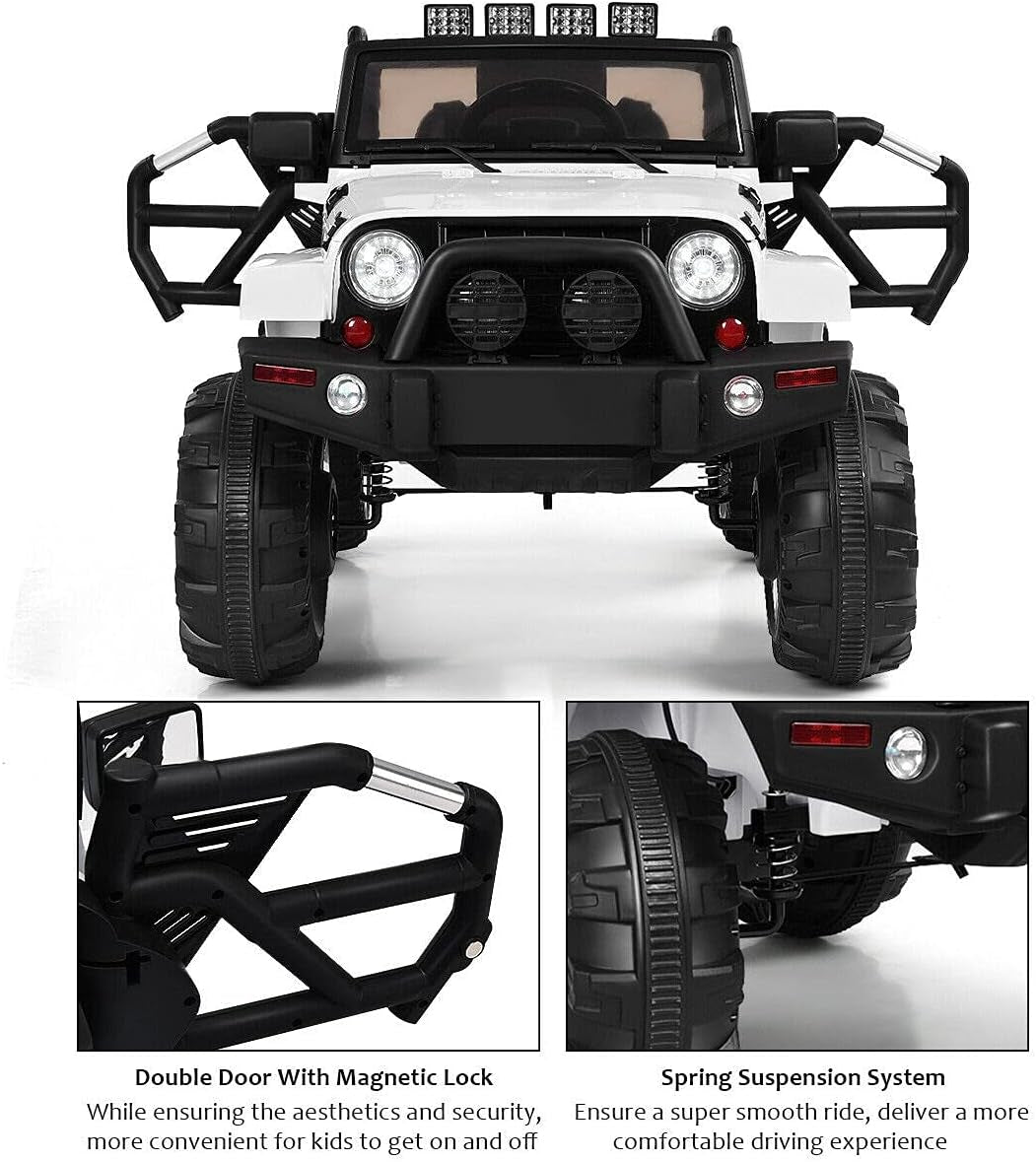 Children's Electric Ride-On Truck Car with Bluetooth Remote Control, LED Lights, Safety Belt, Music, MP3 Player, Double Open Doors - White