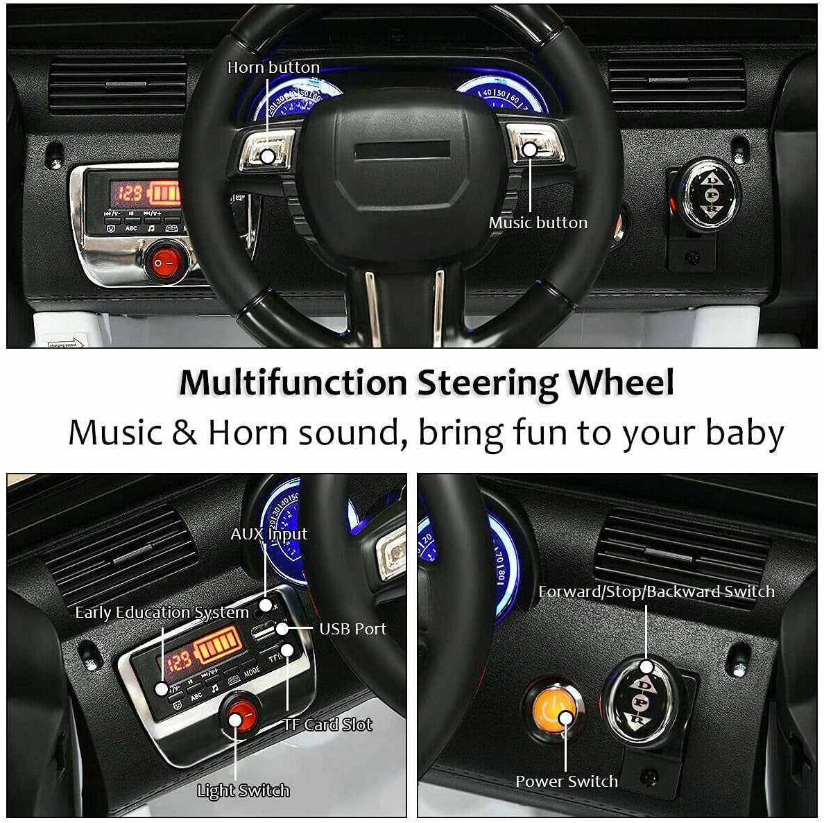 Children's Electric Ride-On Truck Car with Bluetooth Remote Control, LED Lights, Safety Belt, Music, MP3 Player, Double Open Doors - White