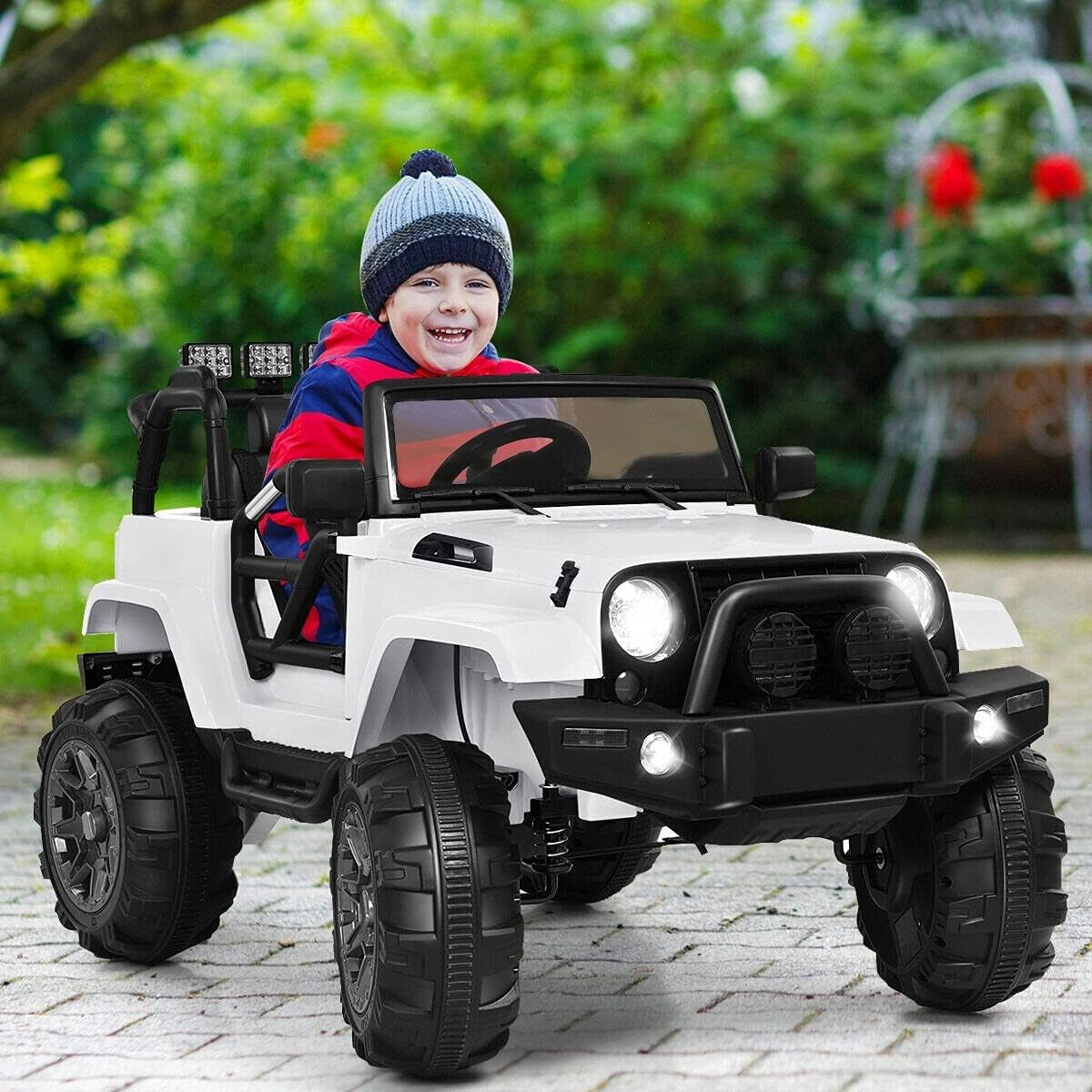 Children's Electric Ride-On Truck Car with Bluetooth Remote Control, LED Lights, Safety Belt, Music, MP3 Player, Double Open Doors - White
